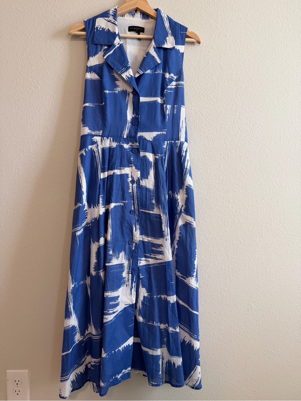 Donna Karan Blue and White Sleeveless Button-Front Maxi Dress